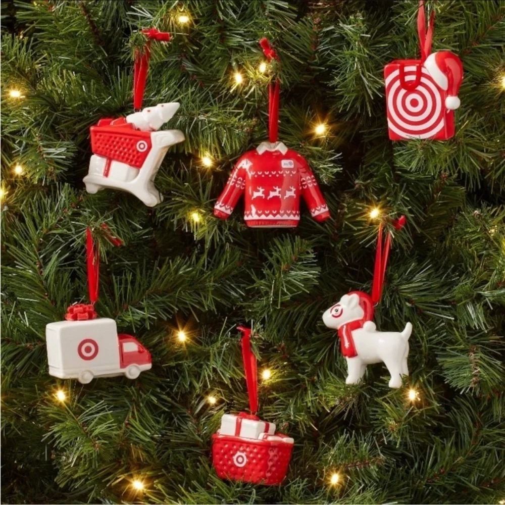 Ceramic Target Dog Christmas Tree Ornament Set 6pc Red/White Wondershop New